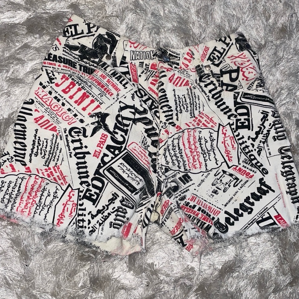 Newspaper Print High-Waisted Shorts